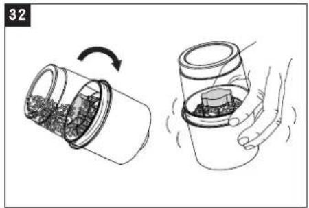 Illustration showing a hand holding a container with a small object inside, alongside a jar with contents and a rotating arrow (no text or symbols)