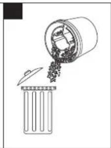 Simple line drawing of a container pouring granular material into a trash bin (no text or symbols)