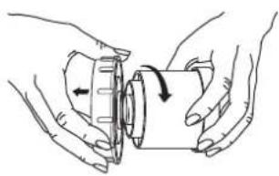 Illustration of hands holding a mechanical component with an arrow indicating rotation (no text or symbols)