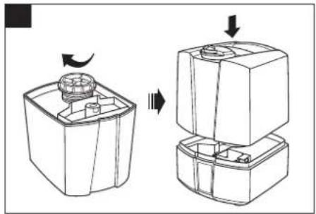 Diagram showing a mechanical assembly process with two stages of a container-like device, no text or symbols present.
