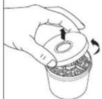 Hand holding a small container with a lid and a rotating arrow, no text or symbols visible