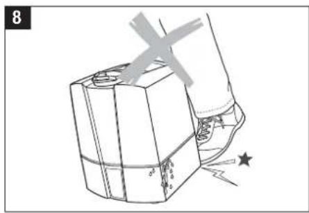 Diagram of a mechanical device with a hand operating it, showing a cross mark and star symbol (no text or labels)
