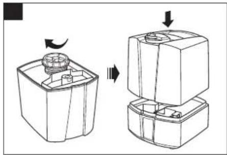 Diagram showing a mechanical assembly process with two views of a container (no text or symbols)