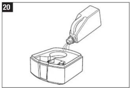 Line drawing of a container pouring liquid into a bottle (no text or symbols)