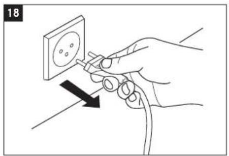 Illustration of hands connecting a wall socket to a cable with a black arrow indicating direction (no text or symbols)
