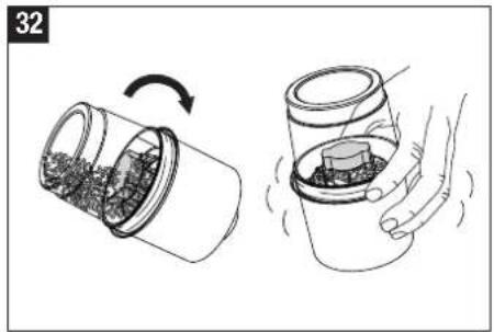 Illustration showing a hand holding a container with a small object inside, next to a jar with contents and a rotating arrow (no text or symbols)