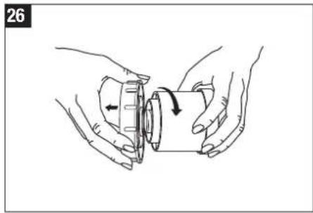 Illustration of hands holding a mechanical component with an arrow indicating rotation (no text or symbols)