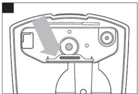Top-down schematic of a device casing with internal components and a gray arrow indicating direction (no text or symbols)