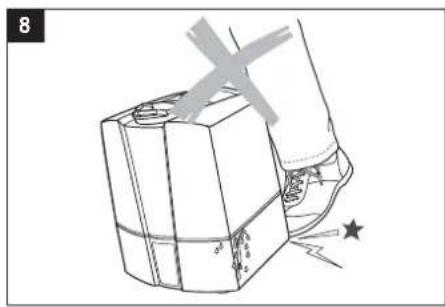 Diagram of a mechanical device with a hand operating it, showing a cross mark and star symbol (no text or labels)