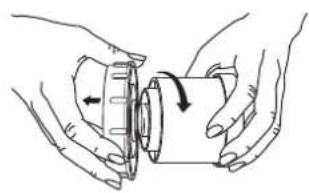 Illustration of hands holding a mechanical component with an arrow indicating rotation (no text or symbols)