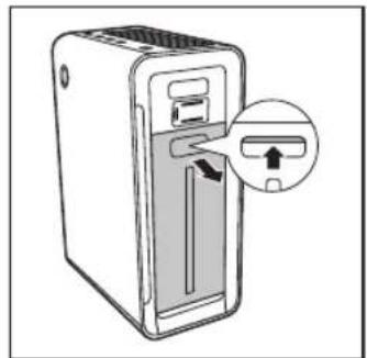 Illustration of a desktop computer with an open door and a close-up of the right side showing a button (no text or symbols present)