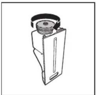 Line drawing of a mechanical device with a circular component and handle (no text or symbols)