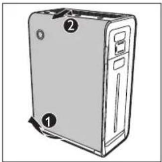 PHILIPS AC4086 - Placez vos doigts dans les renfoncements des panneaux latéraux, puis soulevez et tirez la partie inférieure du panneau avant vers vous (1). Retirez doucement la partie supérieure du panneau avant de l'appareil (2). - 1