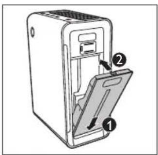 Diagram of a refrigerator with labeled parts showing internal structure and directional arrows