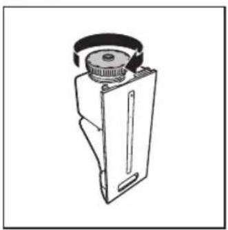 Line drawing of a mechanical device with a circular component and handle (no text or symbols)