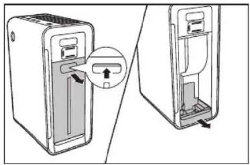Diagram showing two views of a device with an arrow pointing to a component, no text or symbols present.