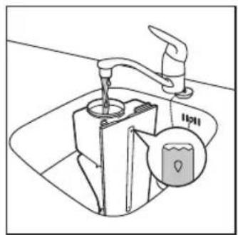 Diagram of a faucet with water level indicator and magnified view showing liquid level at the base