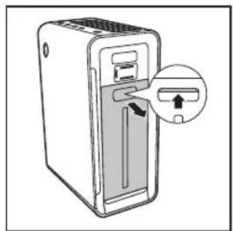 Illustration of a desktop computer tower with an open door and a close-up of the door handle (no text or symbols)