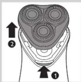 Diagram of a three-pin electric shaver with labeled parts 1 and 2, showing internal structure and directional arrows.