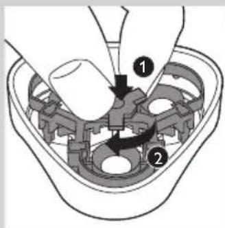 Technical diagram showing a mechanical assembly with labeled parts 1 and 2, likely illustrating a turning or disassembly process.