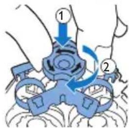 Diagram showing a blue mechanical device with labeled parts and directional arrows indicating motion or assembly.