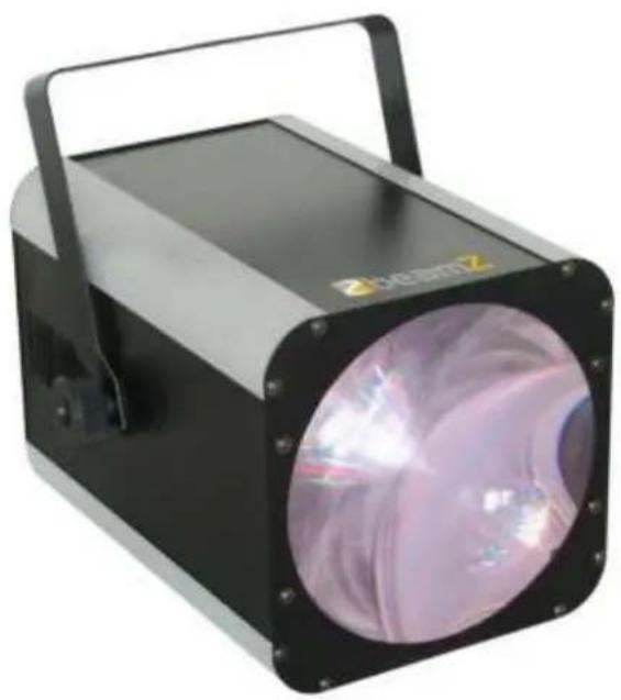 Black and white photo of a modern outdoor lighting fixture with a circular lens and handle (no visible text or symbols)