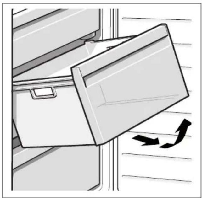 Illustration of a refrigerator with an open door and a curved arrow indicating motion, no text or symbols.