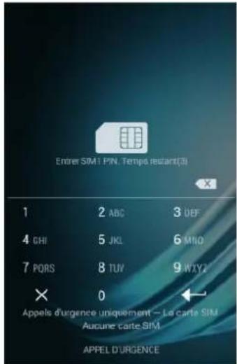 Entre SIM PIN, Temps restart(3) 1 2 ABC 3 DEF 4 GHI 5 JKL 6 MNO 7 PQRS 8 TUV 9 WXY × 0 Appels d'urgence uniquement — La carte SIM Aucune carte SIM APPEL D'URGENCE