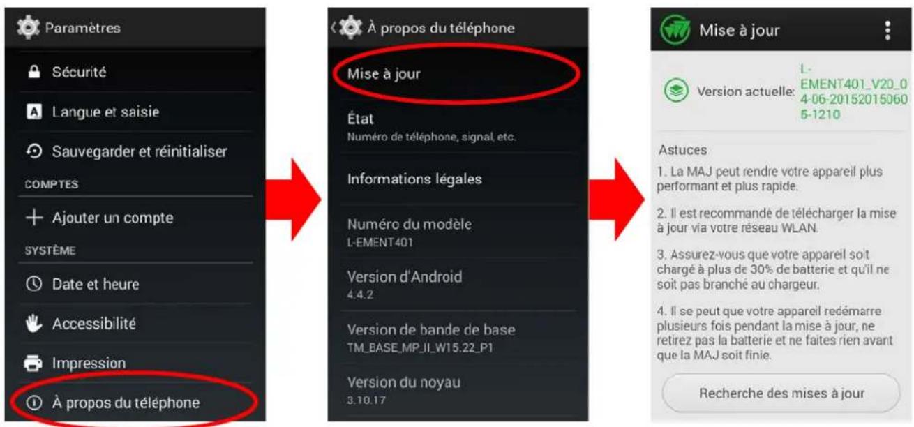 Paramètres Sécurité Langue et saisie Sauvegarder et réinitialiser COMPTES Ajouter un compte SYSTÈME Date et heure Accessibilité Impression À propos du téléphone À propos du téléphone Mise à jour État Numéro de téléphone, signal, etc. Informations légales Numéro du modèle L-EMENT401 Version d'Android…