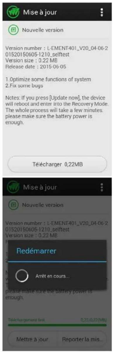 Mise à jour Nouvelle version Version number : L-EMENT401_V20_04-06-2 01520150605-1210_selftest Version size : 0.22 MB Release date : 2015-06-05 1.Optimize some functions of system 2.Fix some bugs Notes: If you press [Update now], the device will reboot and enter into the Recovery Mode. The whole pro…