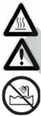 Three warning symbols: triangular warning triangle with steam, exclamation mark, and circular no-dress symbol with landfill.