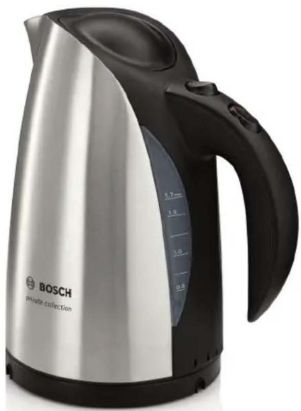 BOSCH private collection water heater with black handle and silver casing (no visible text or symbols on body)