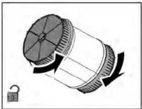 Illustration of a cylindrical mechanical component with rotating arrows, accompanied by a lock icon (no text or symbols).