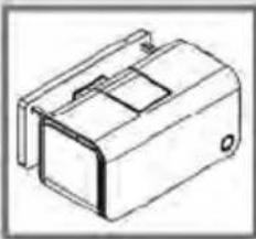 Technical line drawing of a rectangular electronic component with mounting bracket (no text or symbols).