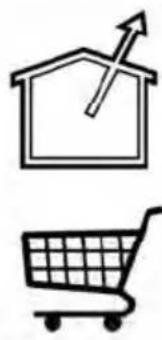 Two simple line icons: a house with an upward arrow and a shopping cart (no text or symbols)