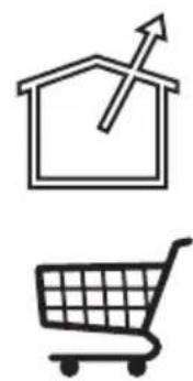 Two simple line icons: a house with an upward arrow and a shopping cart (no text or symbols).