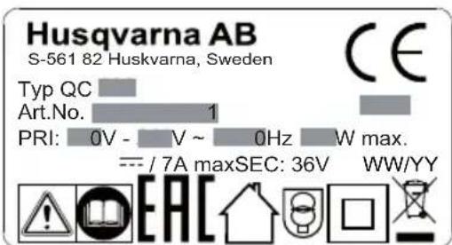 Husqvarna AB S-561 82 Huskvarna, Sweden Typ QC Art.No. 1 PRI: 0V - V ~ 0Hz W max. --- / 7A maxSEC: 36V WW/YY