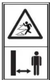 Traffic warning sign showing a person falling into a slope with an arrow indicating leftward motion and a vertical barrier symbol.