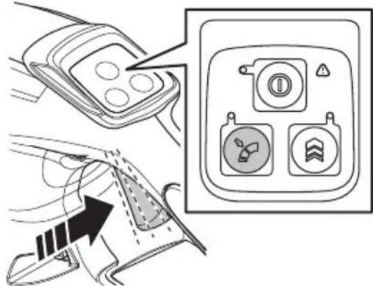 Diagram showing a device control panel with labeled buttons and an arrow indicating action or movement, alongside a close-up of the panel.