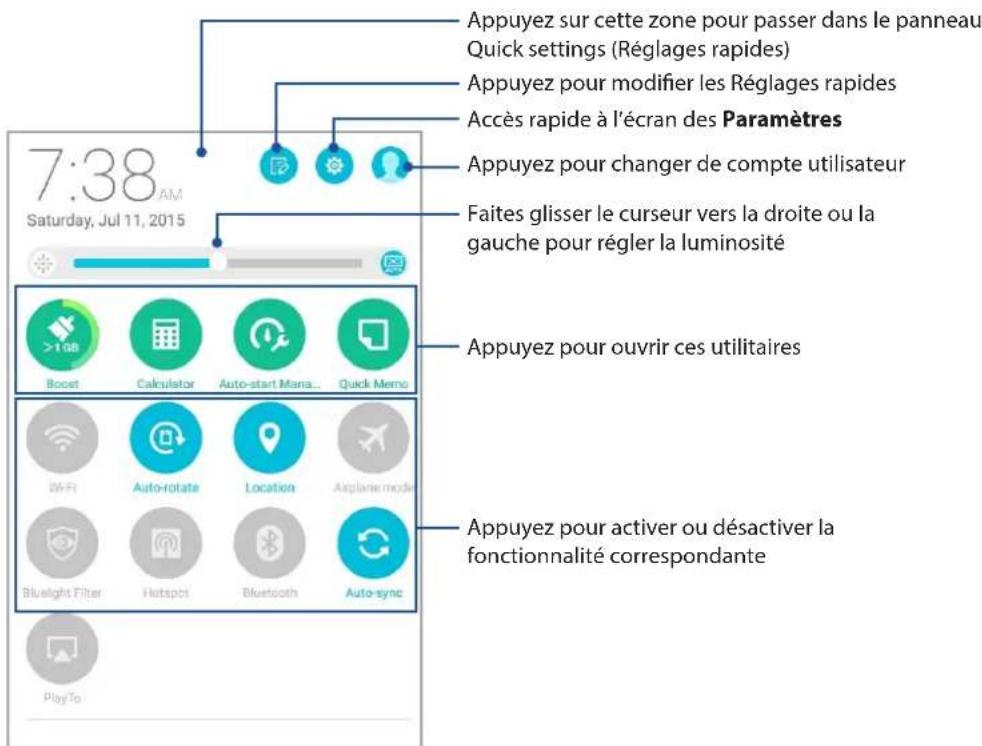 7:38 AM, Saturday, Jul 11, 2015. Appuyez sur cette zone pour passer dans le panneau Quick settings (Réglages rapides). Appuyez pour modifier les Réglages rapides. Accès rapide à l'écran des Paramètres. Appuyez pour changer de compte utilisateur. Faites glisser le curseur vers la droite ou la gauche…