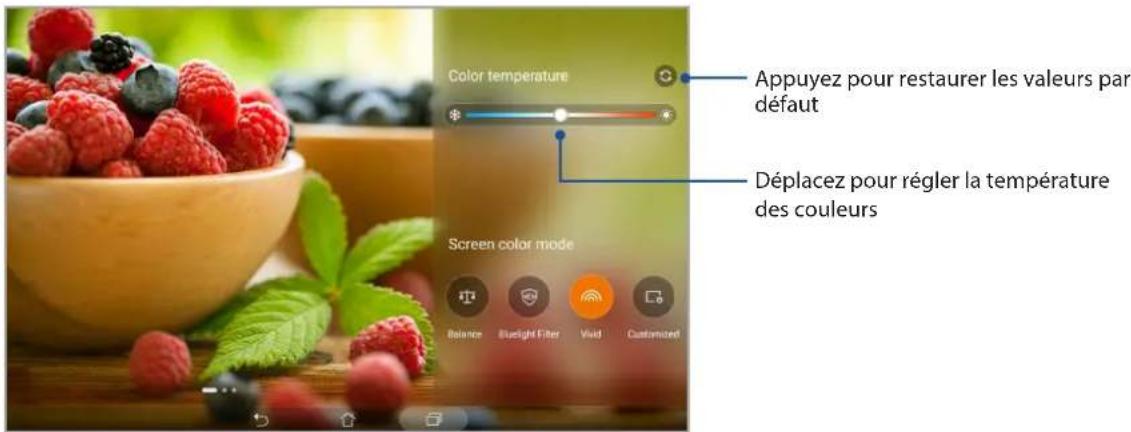 Température des couleurs Appuyez pour restaurer les valeurs par défaut Déplacez pour régler la température des couleurs Mode de couleur de l'écran Équilibre Filtre de lumière bleue Vif Personnalisé