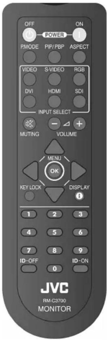 OFF POWER ON P.MODE PIP/PBP ASPECT VIDEO S-VIDEO RGB DVI HDMI SDI INPUT SELECT MUTING - VOLUME MENU OK KEY LOCK DISPLAY 1 2 3 4 5 6 7 8 9 ID-OFF 0 ID-ON JVC RM-C3700 MONITOR