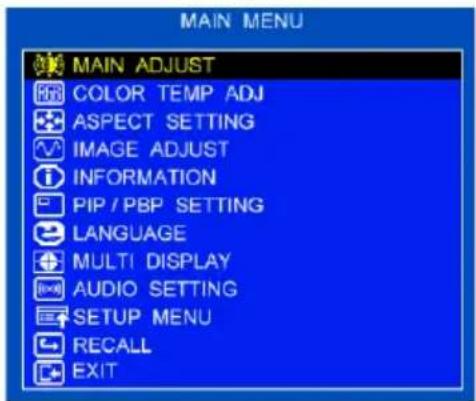 MAIN MENU MAIN ADJUST COLOR TEMP ADJ ASPECT SETTING IMAGE ADJUST INFORMATION PIP / PBP SETTING LANGUAGE MULTI DISPLAY AUDIO SETTING SETUP MENU RECALL EXIT