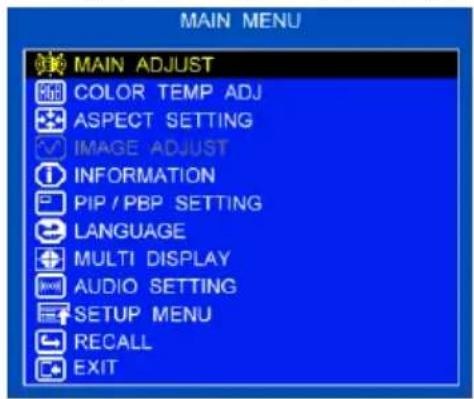 MAIN MENU MAIN ADJUST COLOR TEMP ADJ ASPECT SETTING IMAGE ADJUST INFORMATION PIP / PBP SETTING LANGUAGE MULTI DISPLAY AUDIO SETTING SETUP MENU RECALL EXIT