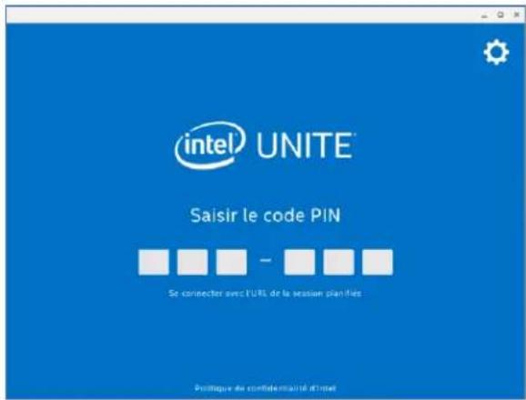 Intel UNITE Saisir le code PIN Se connecter avec l'URL de la session planifiée Politique de confidentialité d'Intel