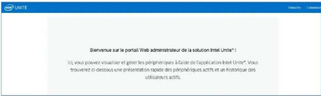 Bienvenue sur le portail Web administrateur de la solution Intel Unite® ! Ici, vous pouvez visualiser et gérer les périphériques à l'aide de l'application Intel Unite*. Vous trouverez ci-dessous une présentation rapide des périphériques actifs et un historique des utilisateurs actifs.