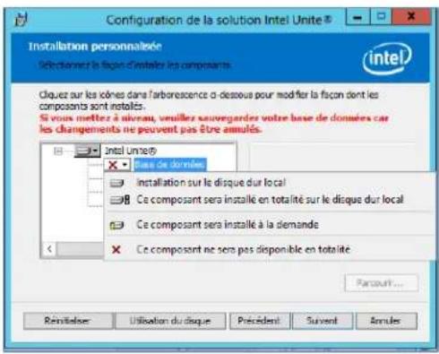 Configuration de la solution Intel Unite Installation personnalisée Sélectionnez la façon d'installer les composants. Cliquez sur les icônes dans l'arborescence ci-dessous pour modifier la façon dont les composants sont installés : Si vous mettez à niveau, veuillez sauvegarder votre base de données…