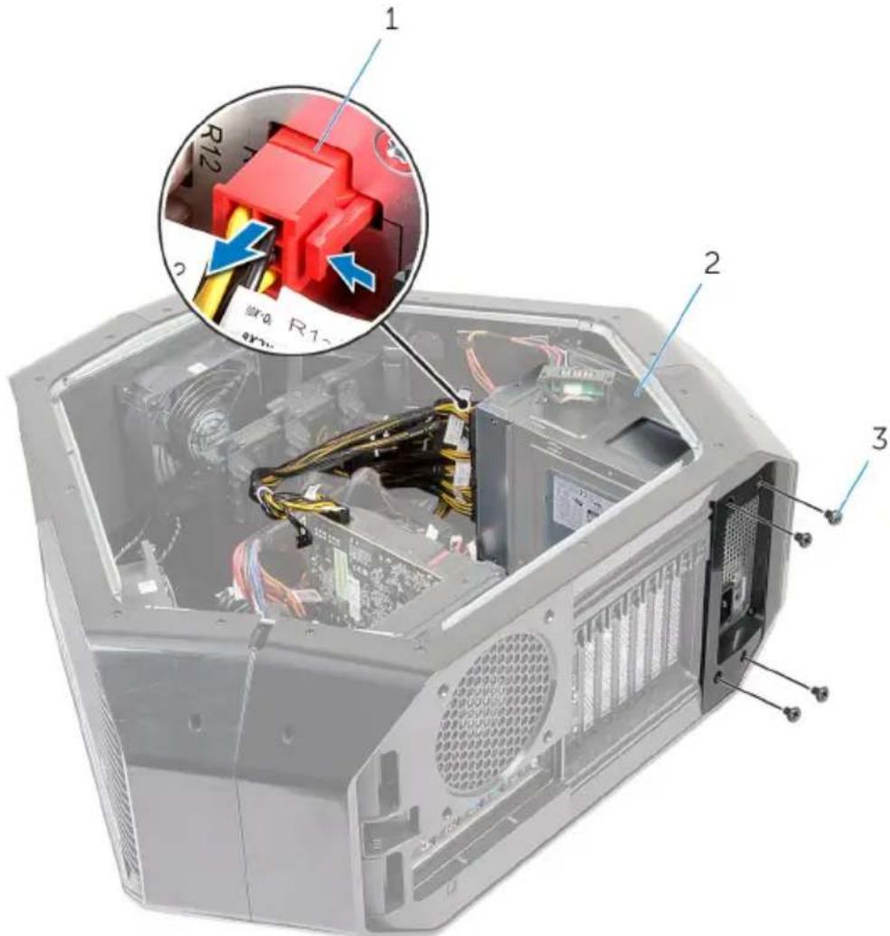 Technical diagram of a computer tower with labeled components and an inset showing internal circuitry and wiring.