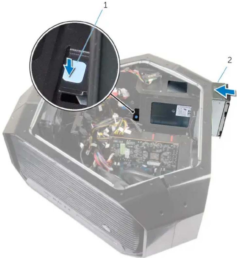 Technical diagram of an internal computer case with labeled components and a magnified inset showing a component being inserted into a device.