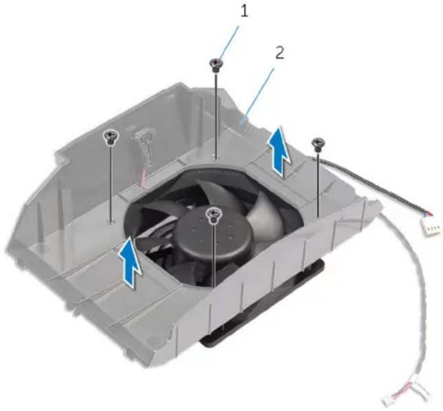 Technical diagram of a computer fan with labeled components and directional arrows indicating assembly or movement.